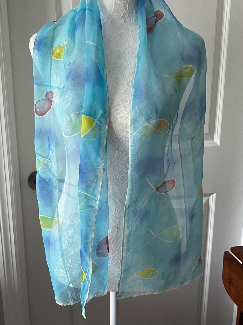 Religious Mark 1:17 VTG Handpainted Light Blue Fish-Print Sheer Scarf 13 x 56